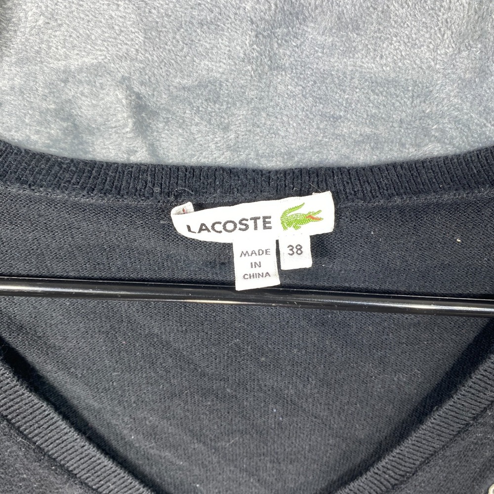 Lacoste Sweater Women 38 Medium Black V Neck 100% Cotton Long Sleeve Knit - Picture 3 of 8